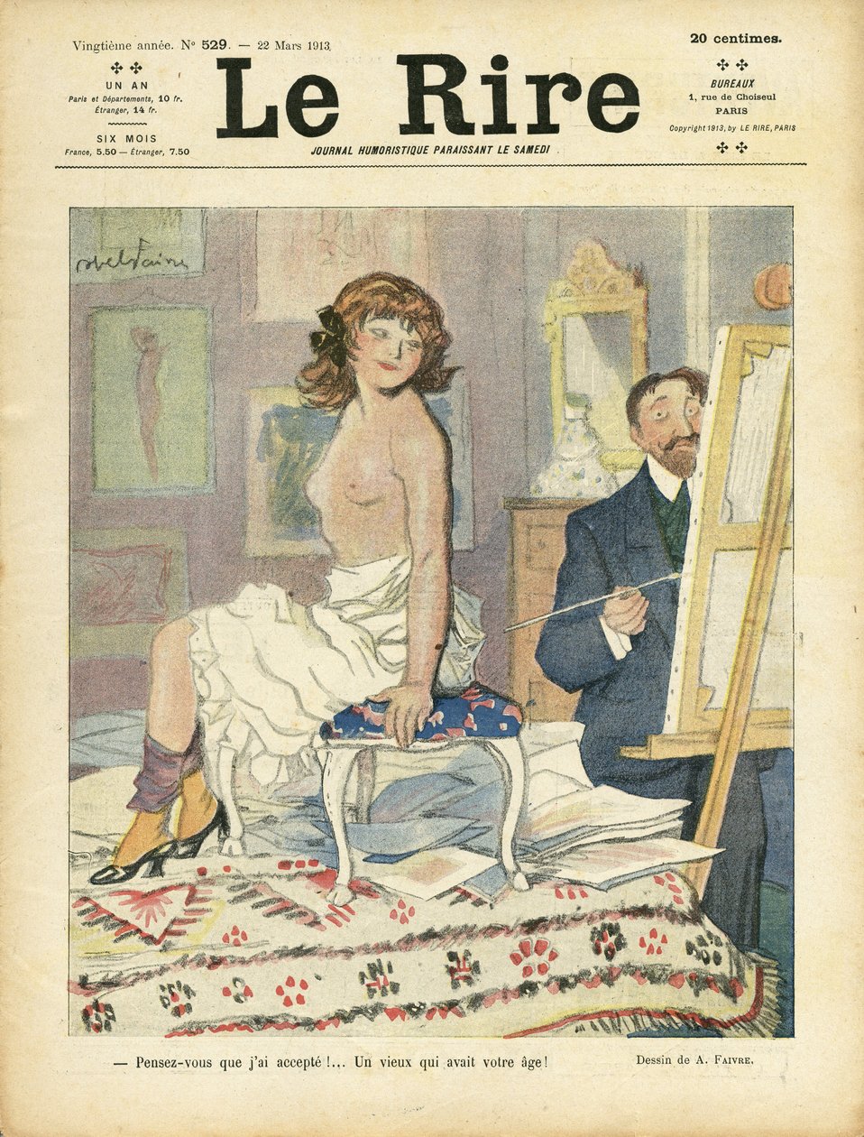 Illustrasjon av Abel Faivre (1867-1945) for omslaget til Le Rire, 22/03/13 - Kunst, naken - Malere kunstnere, modell (som poserer) av Jules Abel Faivre