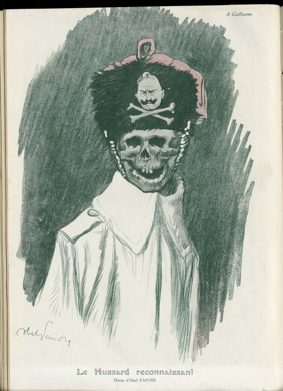 Illustrasjon av Abel Faivre (1867-1945) i “” Fantasio””, 01/05/15 - Den takknemlige Hussard - War of 14 -18, Tyskland Preussian - William II, Reaper/Comrade - Death, FacesRiantes av Jules Abel Faivre