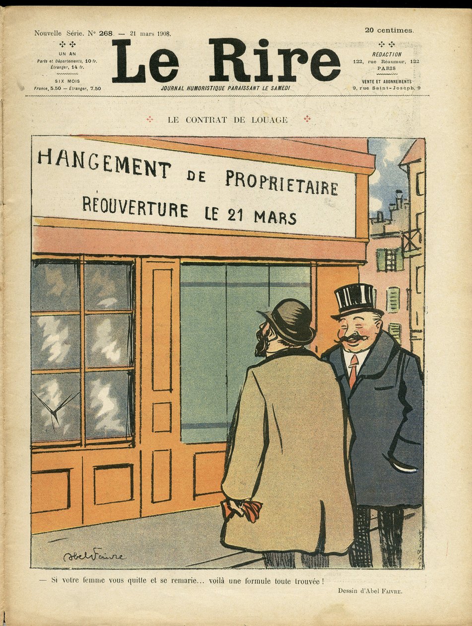 Illustrasjon av Abel Faivre (1867-1945) for omslaget til Le Rire, 21/03/08 - Leiekontrakten - Arkitektur Byplanlegging, bryllup, utroskap, butikker av Jules Abel Faivre