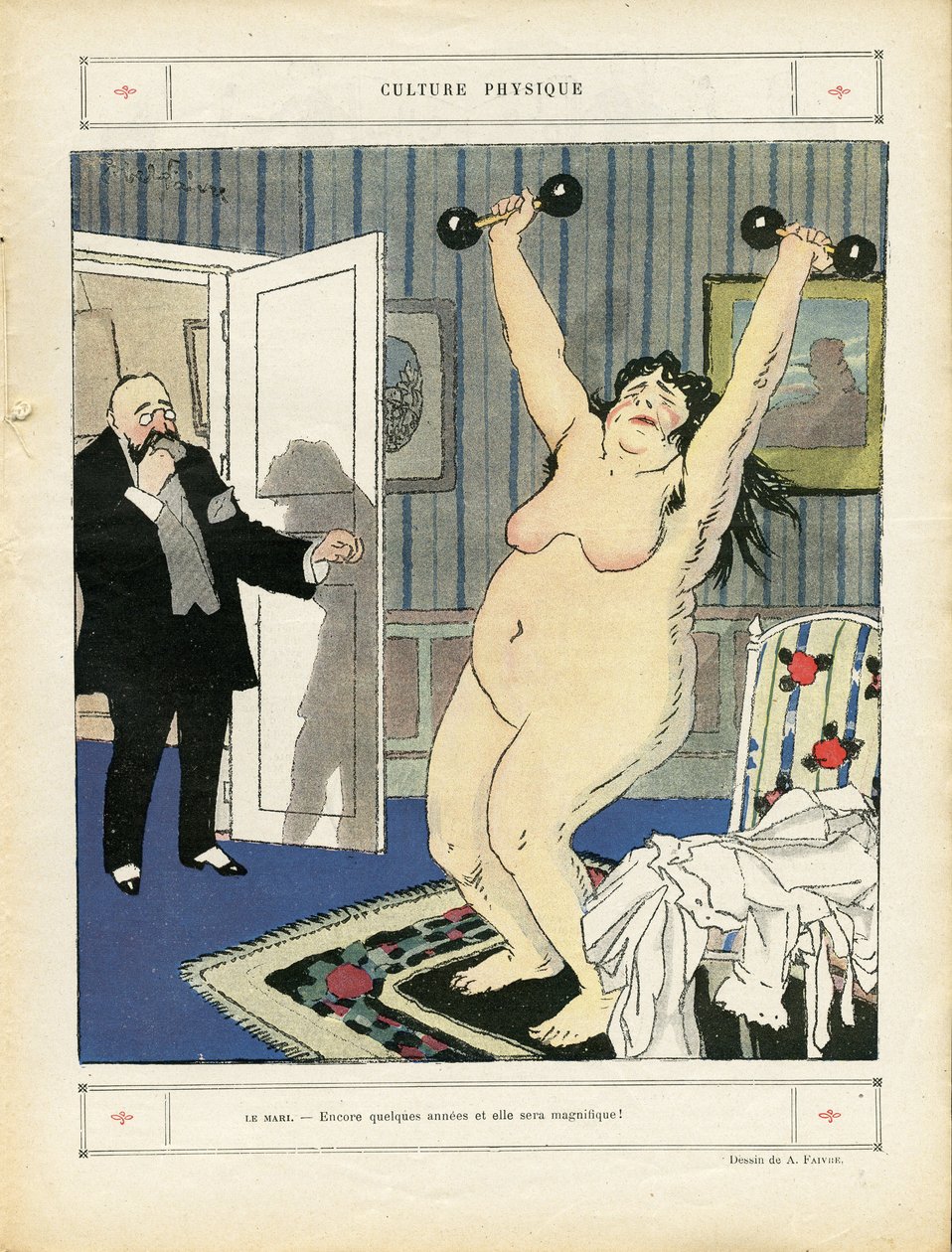 Illustrasjon av Abel Faivre (1867-1945) i Le Rire, 03/05/13 - Fysisk kultur - Sport, Obeite, Naken - Kvinner av Jules Abel Faivre