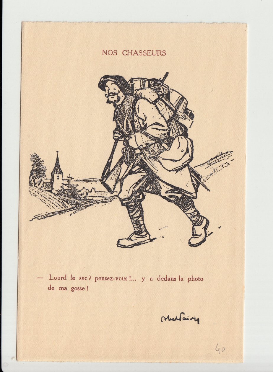 Postkort, satirisk i N & B, ca. 1915: Our Hunters - War of 14 -18, Photography, Faderskap, Jam of skull - Soldiers, Alpine Hunters Illustrasjon av Abel Faivre (1867-1945) av Jules Abel Faivre