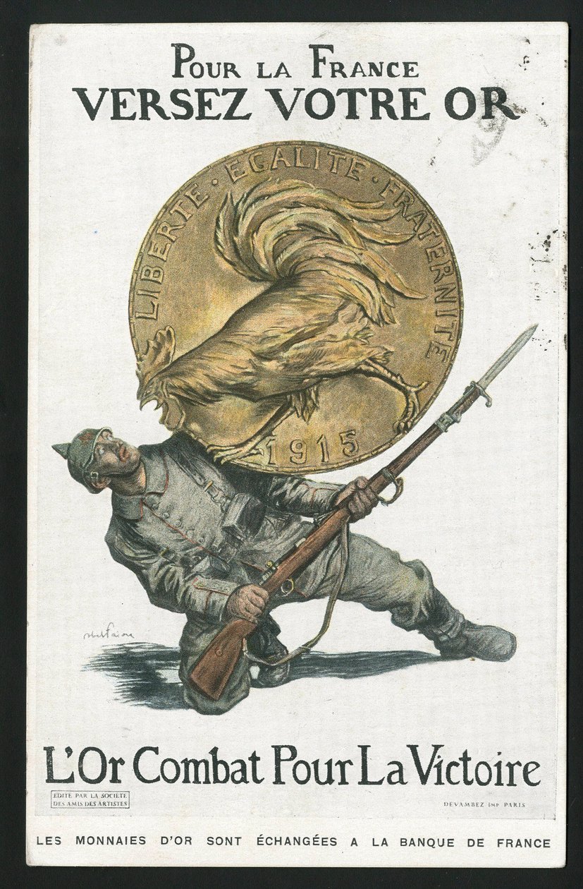 Postkort, Satirique en Colours, ca. 1915: For Frankrike, helle gullet ditt - 14-18-krigen, Tyskland Preussen, sølv, krigerske og symboler, seier, lån, patriotiske reise - Hane - Illustrasjon av Abel Faivre (1867-1945) av Jules Abel Faivre