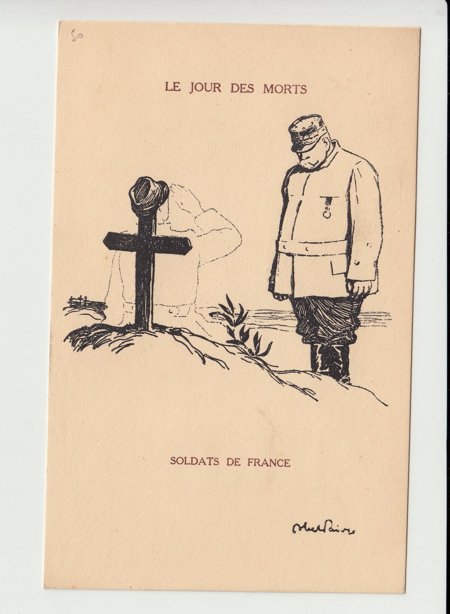 Postkort, Satirique en N & B, ca. 1915: Day of the Dead - War of 14 -18, Mourning Obseques Funerailles - Joffre, Soldiers Illustrasjon av Abel Faivre (1867-1945) av Jules Abel Faivre