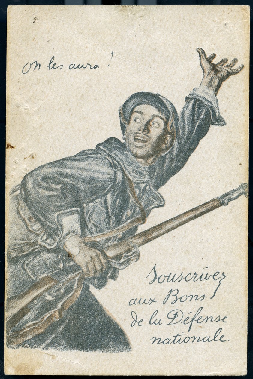 Postkort med abonnement på spranget til det nasjonale forsvaret som viser en soldat som går til fronten og roper "" vi vil ha dem"" av Jules Abel Faivre
