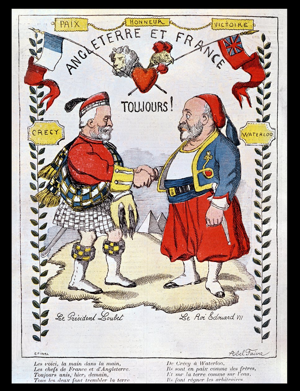 Entente Cordiale mellom Frankrike og Storbritannia: karikaturer av president Loubet (1838-1929) og kong Edward VII (1841-1910), illustrasjon fra 