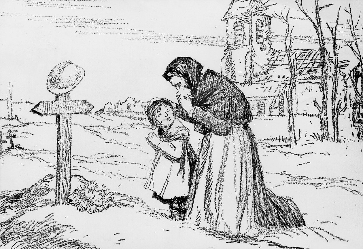 Enken og hennes lille datter gråt over graven til faren og mannen sin under første verdenskrig, 1. november av Jules Abel Faivre