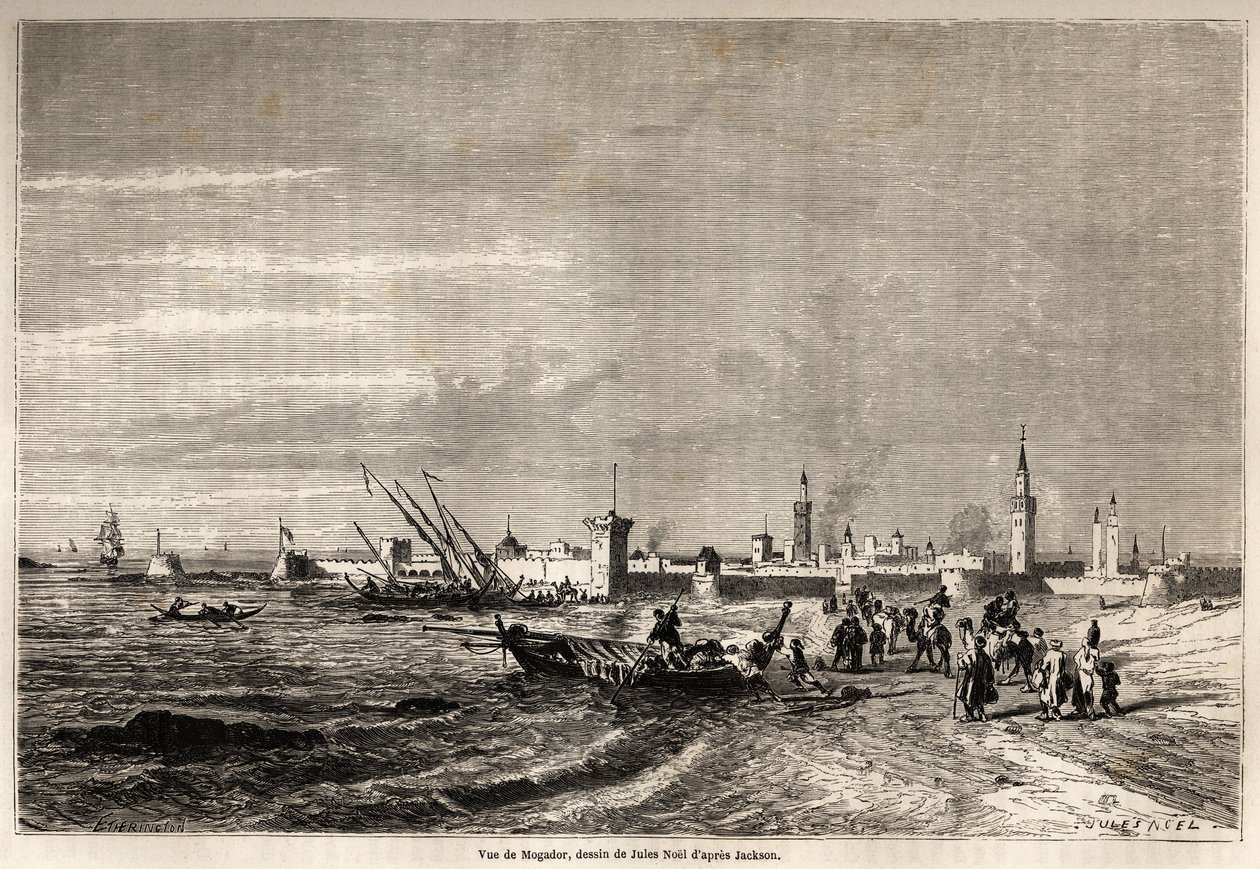 Utsikt over Essaouira (tidligere Mogador), tegning av Jules Noel (1810-1881), for å illustrere Mr.F. Schicklers reise til Marokko i 1860. Gravering i "" Le tour du monde, nouveau journal des voyages"" Paris av Jules Achille Noel