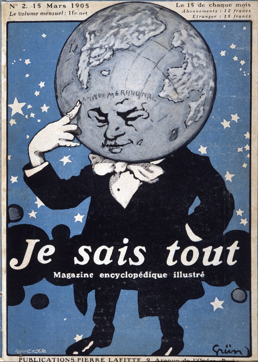 Earth Globe thinking - Thinking Earth Globe - i "Je Sais Tout"" fra 15/03/1905 - illustrasjon av Jules Grun 1868-1938 av Jules Alexandre Gruen or Grun
