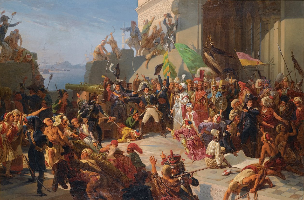 Guerre anglo-turque - guerres napoleoniennes - Sultan Selim III (1761-1808) på besøk til general Horace Sebastiani (1772-1851) under forsvaret av Konstantinopel mot den britiske flåten, februar 1807 par Rigo, Jules Vincent (1810-1892). Olje på lerret, str av Jules Alfred Vincent (after) Rigo