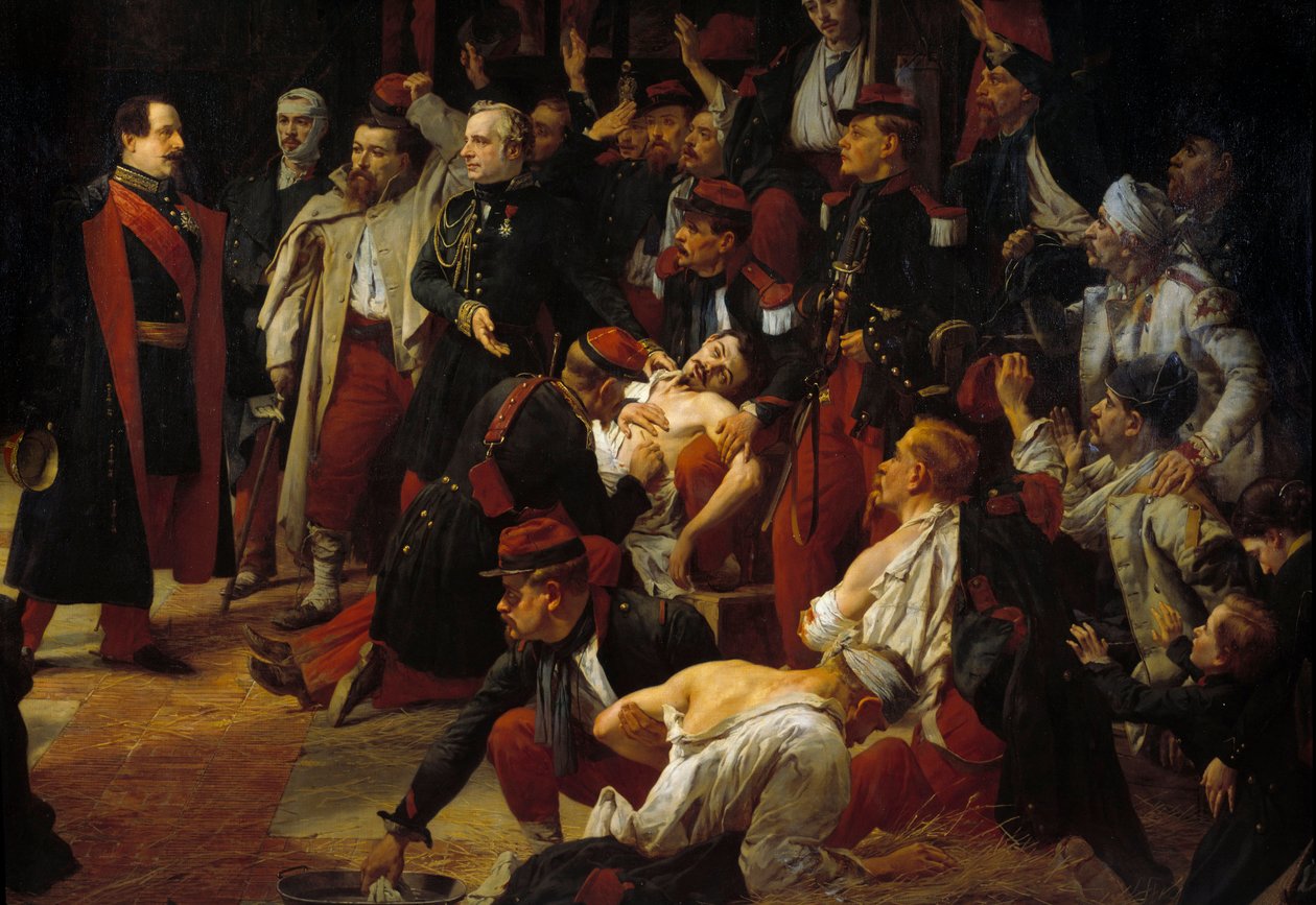 Keiser Napoleon III besøker de franske, piemontesiske og østerrikske sårene fra slaget ved Montebello til ambulansene til Voghere i mai 1859. Detail. Maleri av Jules Rigo (1810-1892) 1859 Paris, Museum of the Val de Grace av Jules Alfred Vincent Rigo