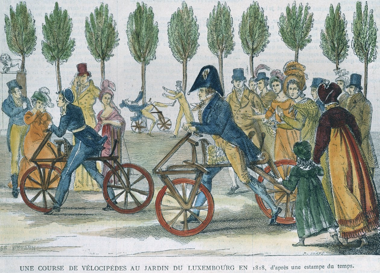Et velociped-løp ved Jardin du Luxembourg i 1818 etter en gravering fra tiden, gravert av P. Comte (1800-tallet) (fargegravering) av Jules Antoine Duvaux