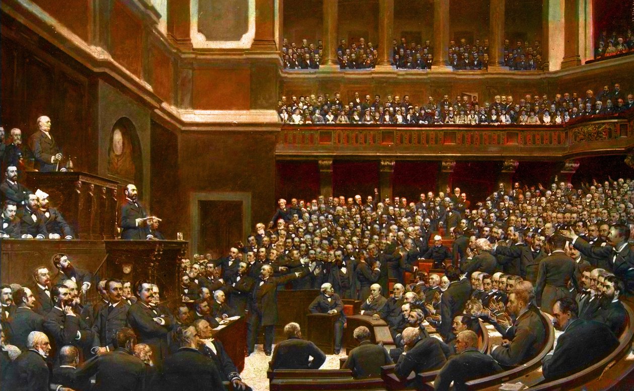 Adolphe Thiers (1797-1877) fransk politiker, utropt "Befrier av territoriet" på et møte i Deputertkammeret i Versailles av Jules Arsene (after) Garnier