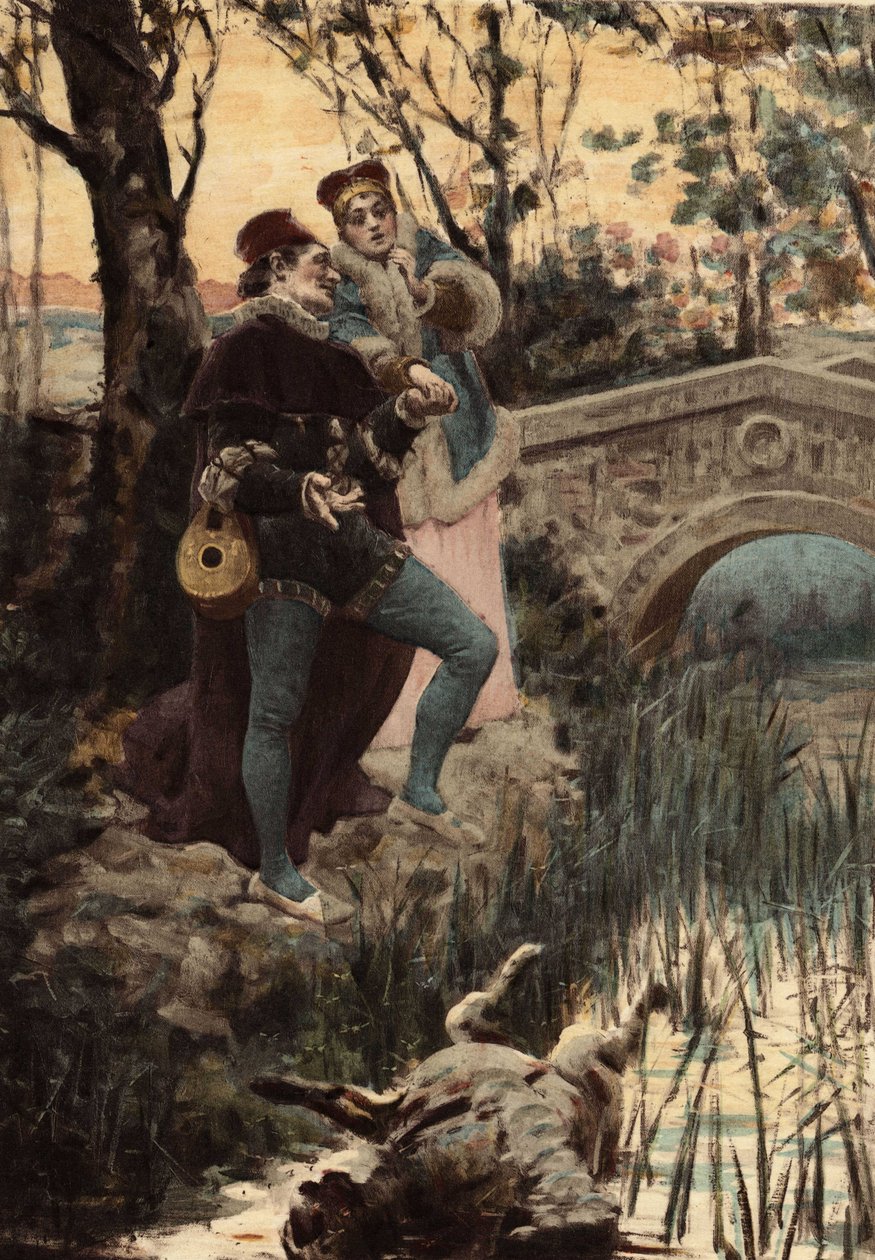 En mann og en kvinne ved en bekk og en bro som ser på kroppen til et dyr i vannet. Pantagruel. Illustrasjon av Jules Garnier. I «Rabelais et l#39;Oeuvre de Jules Garnier» av Jules Arsene Garnier