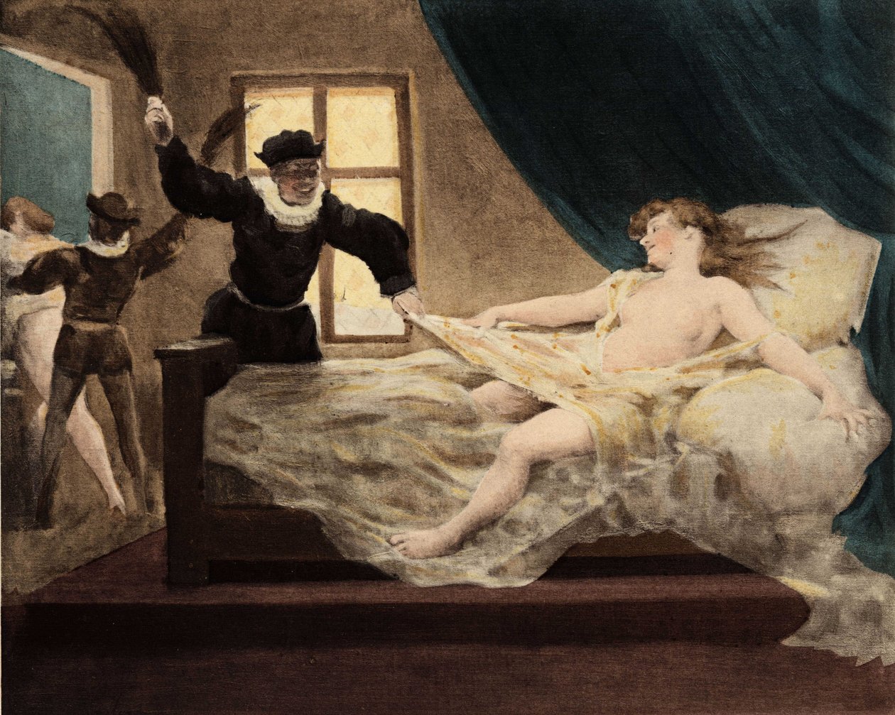 En mann pågriper pisking av en ung jente som ble tatt i sengen på Uskyldighetens dag. Pantagruel. Illustrasjon av Jules Garnier. I «Rabelais et l#39;Oeuvre de Jules» av Jules Arsene Garnier