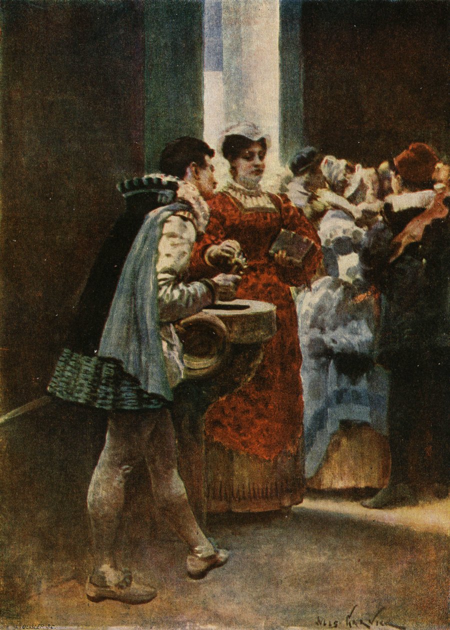 Ved inngangen til en kirke gir Panurge vievann til en kvinne. Pantagruel. Illustrasjon av Jules Garnier. I «Rabelais og Jules Garniers verk» av Jules Arsene Garnier