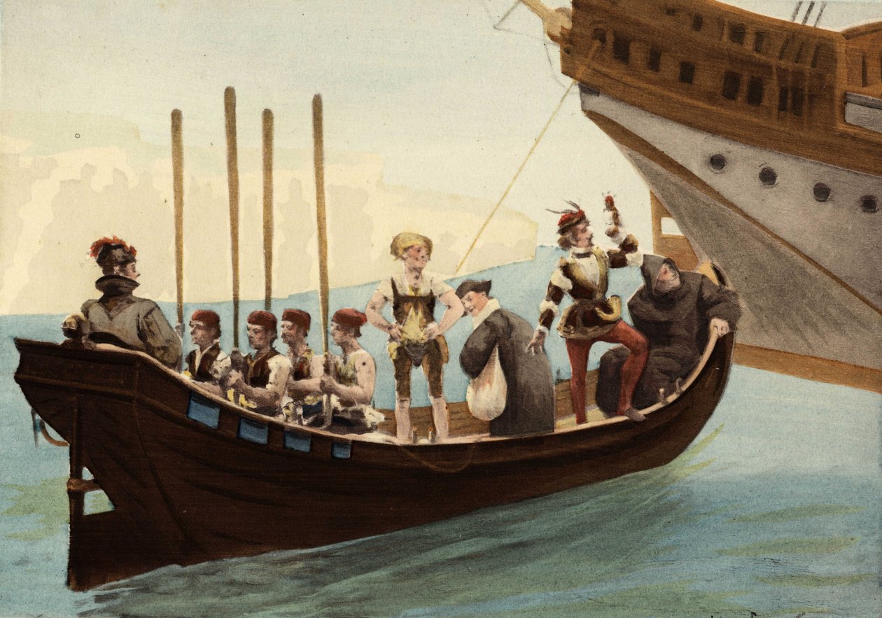 Båt i havnen på Papimania-øya. Fra høyre til venstre: en munk, en falkoner, en advokat, en vinprodusent fra Orleans. Pantagruel. Illustrasjon av Jules Garnier. I «Rabelais et l#39;Oeuvre de Jules Garnier» av Jules Arsene Garnier