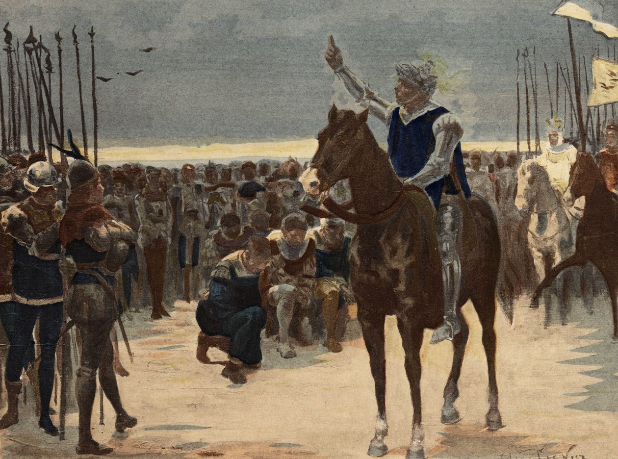Gargantua, vinneren av Picrocholes hær, kongen av Lerne, taler til de beseirede. Gargantua. Illustrasjon av Jules Garnier. I «Rabelais et l#39;Oeuvre de Jules Garnier» av Jules Arsene Garnier