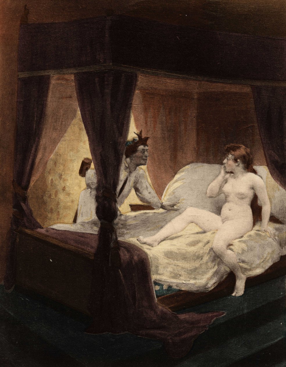 Den store Thibeault gjemmer en klubbe bak ryggen. Kona hans ligger på sengen. Pantagruel. Illustrasjon av Jules Garnier. I «Rabelais et l#39;Oeuvre de Jules Garnier» av Jules Arsene Garnier