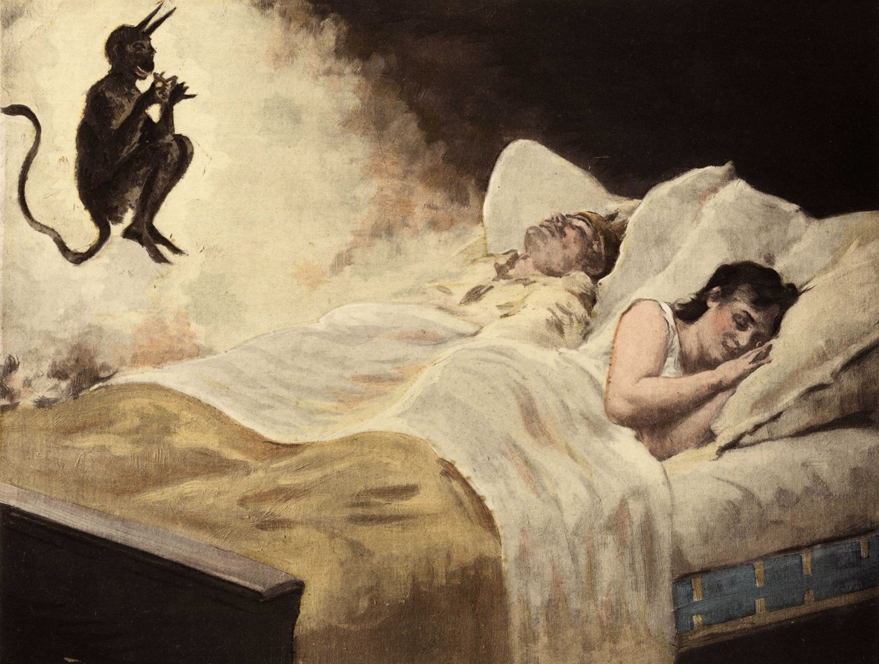 Hans Caruel (Carufel), kongen av Melinde, og hans kone sovende i sengen sin. Satan gir mannen en ring slik at kona kan forbli trofast mot ham. Pantagruel. Illustrasjon av Jules Garnier. Rabelais og Jules Garniers verk av Jules Arsene Garnier