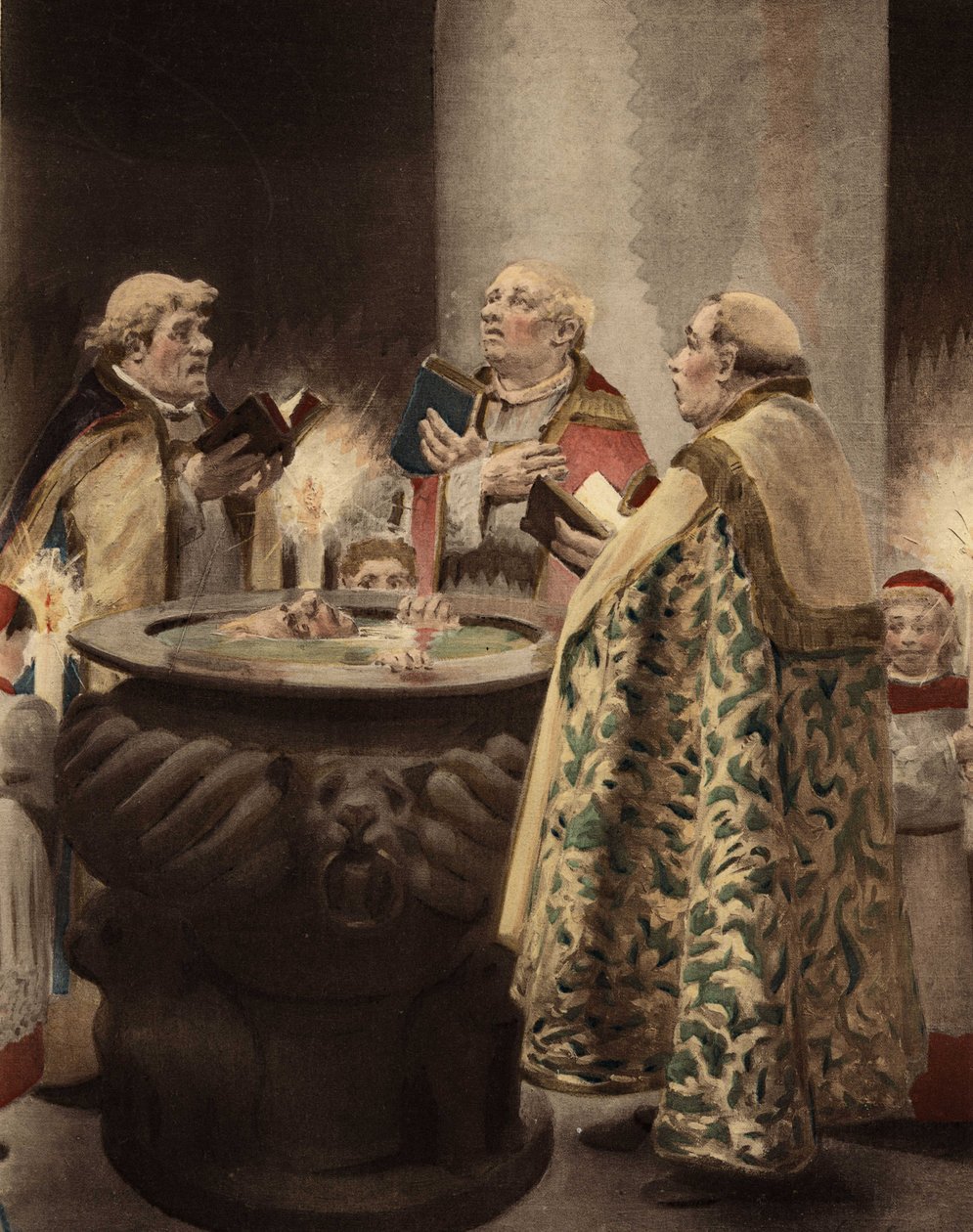 I et kapell omgir tre prester et benitier der en mann er nedsenket. Pantagruel. Illustrasjon av Jules Garnier. I «Rabelais et l#39;Oeuvre de Jules Garnier» av Jules Arsene Garnier