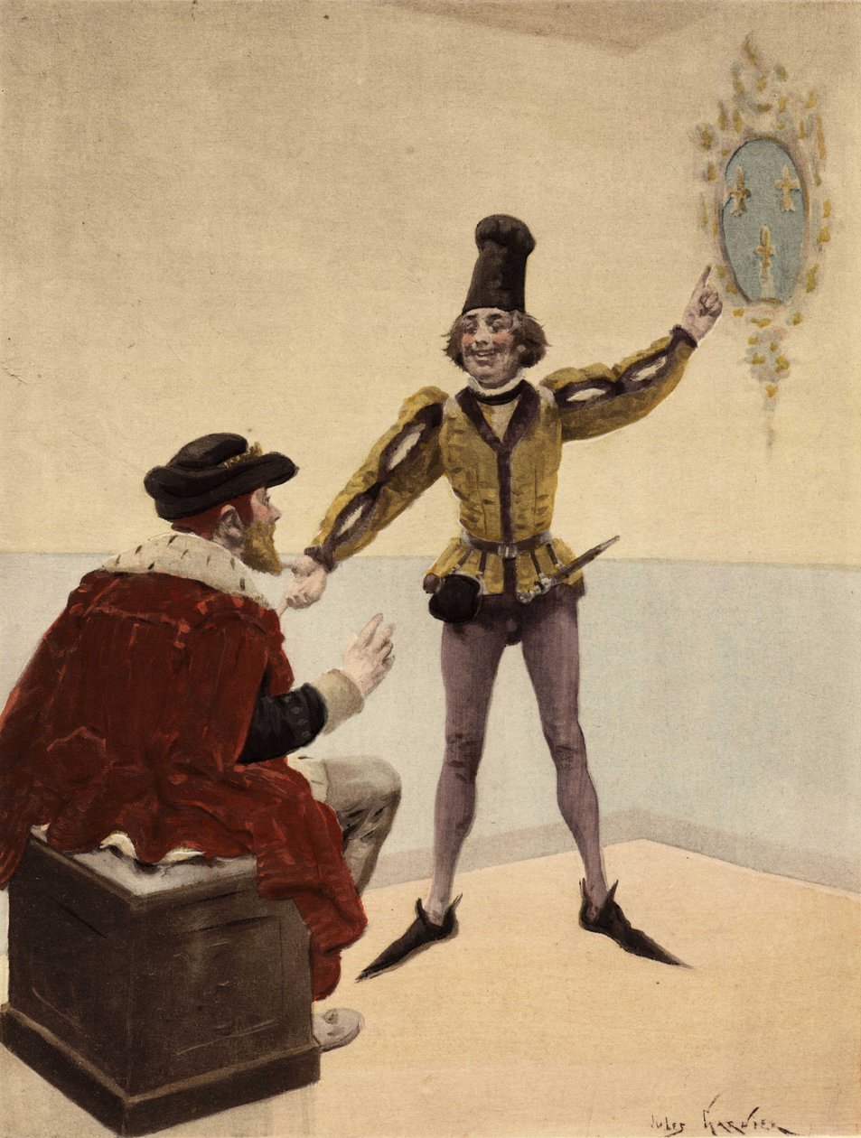 Kong Edouart (Edward) V av England, på toalettet sitt, ser på Frankrikes våpenskjold som legen hans viser ham. Pantagruel. Illustrasjon av Jules Garnier. I «Rabelais et l#39;Oeuvre de Jules Garnier» av Jules Arsene Garnier