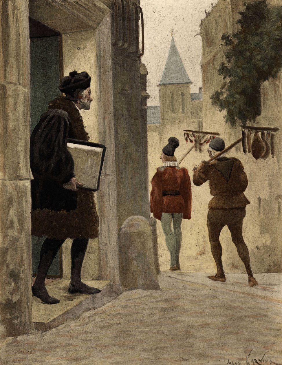 Mester Janotus (Ianotus) av Bragmardo forlater Gargantuas parisiske hjem og tar med seg gavene som Gargantua ga. Gargantua. Illustrasjon av Jules Garnier. I «Rabelais et l#39;Oeuvre de Jules Garnier» av Jules Arsene Garnier