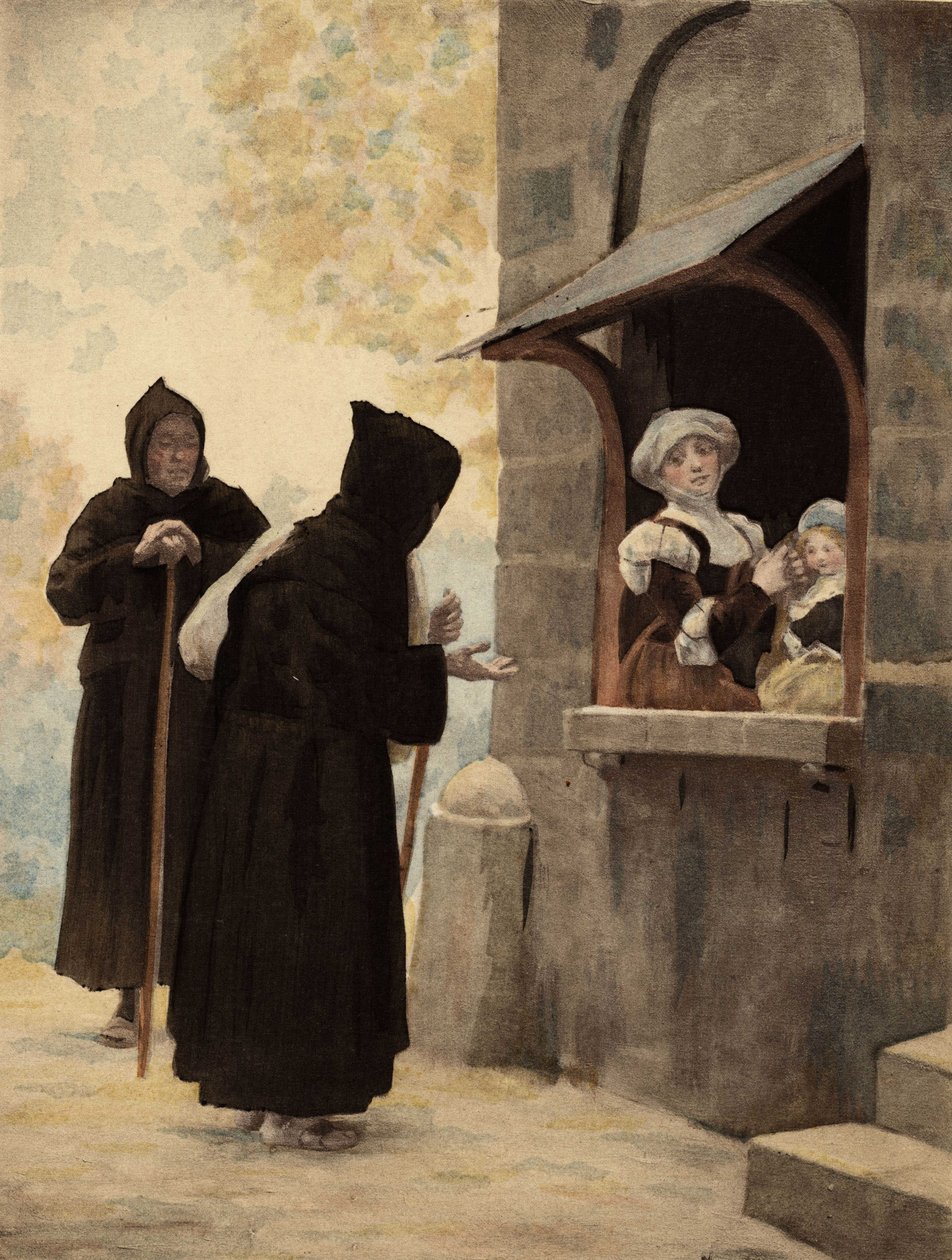Panurge henvender seg til nonner av Tiggerbrødrenes Orden. Pantagruel II. Illustrasjon av Jules Garnier. I «Rabelais og Jules Garniers verk» av Jules Arsene Garnier