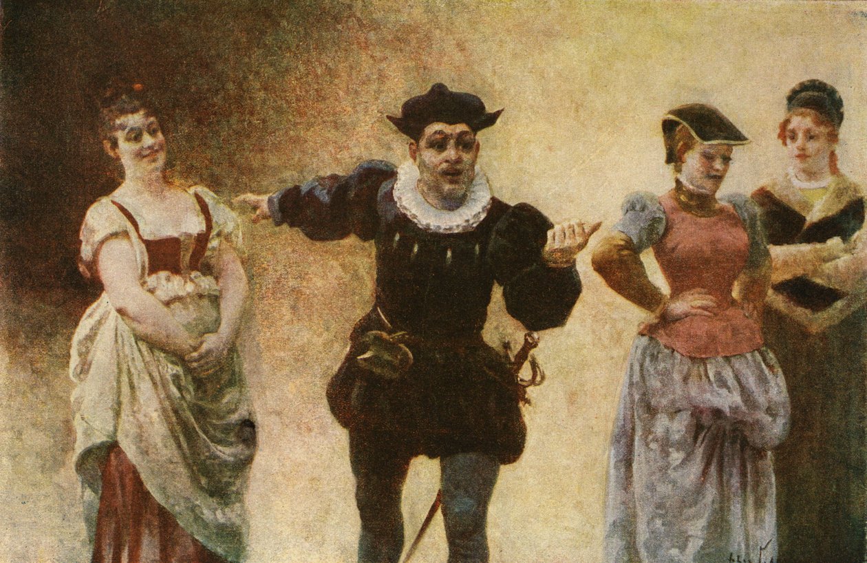 Panurge ber om at kvinner ikke lenger skal bruke halsduker. Pantagruel. Illustrasjon av Jules Garnier. I «Rabelais og Jules Garniers verk» av Jules Arsene Garnier