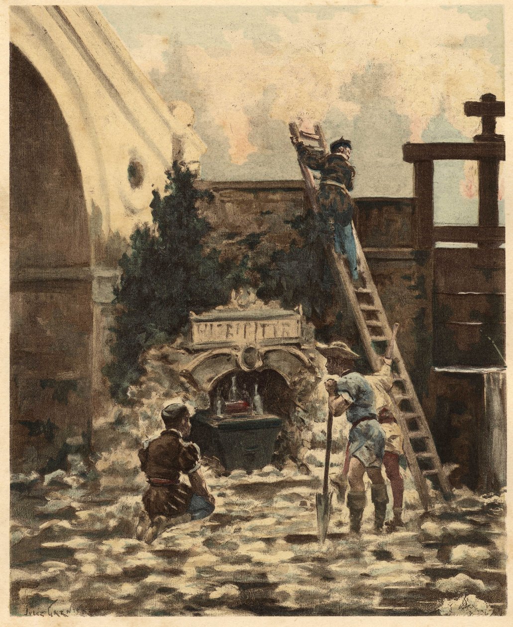 Bonden Jean Audeau oppdager et hefte som forteller historien om Gargantua. Gargantua. Illustrasjon av Jules Garnier. I «Rabelais og Jules Garniers verk» av Jules Arsene Garnier