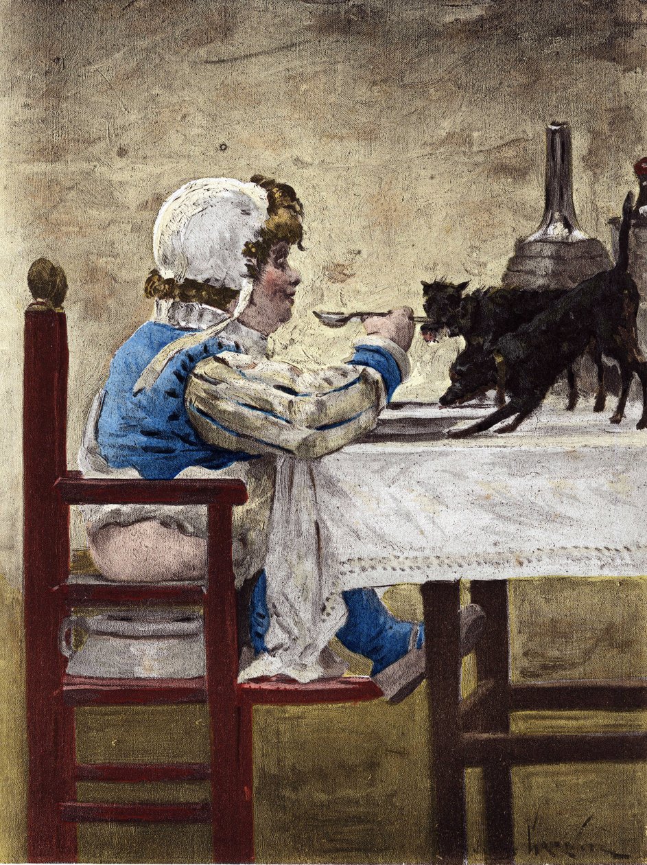 Hundene til Grandbuckthorn, Gargantuas far, spiser på Gargantuas tallerken. Gargantua. Illustrasjon av Jules Garnier. I «Rabelais og Jules Garniers verk» av Jules Arsene Garnier
