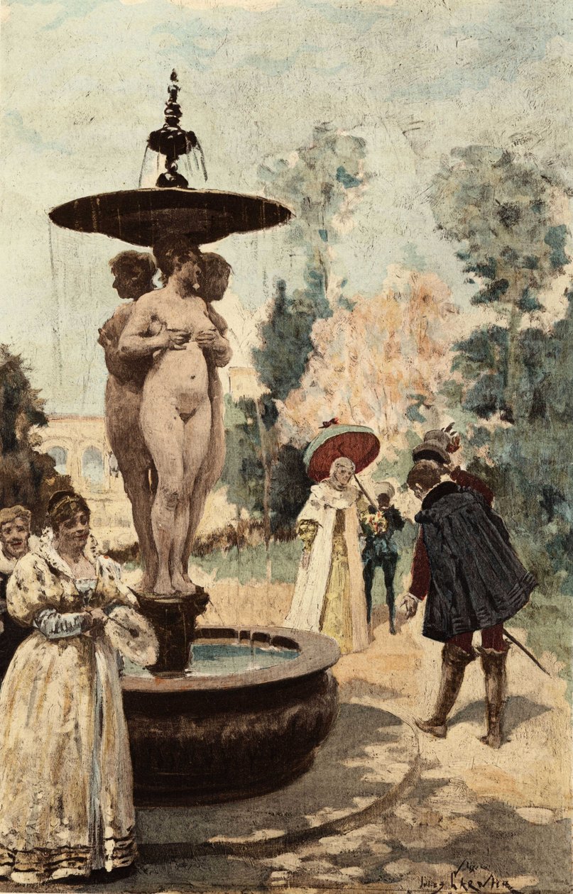 Fontenen i klosteret Theleme, de tre gracene. Gargantua. Illustrasjon av Jules Garnier. I «Rabelais et l#39;Oeuvre de Jules Garnier» av Jules Arsene Garnier