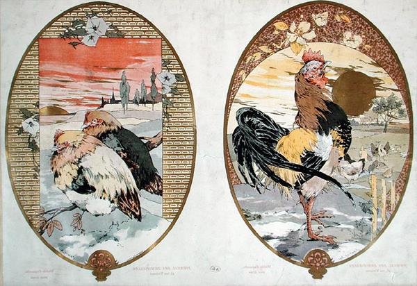 Hane og kyllinger, design for en skjerm, ca. 1900 (farge litho) av Jules Auguste Habert Dys