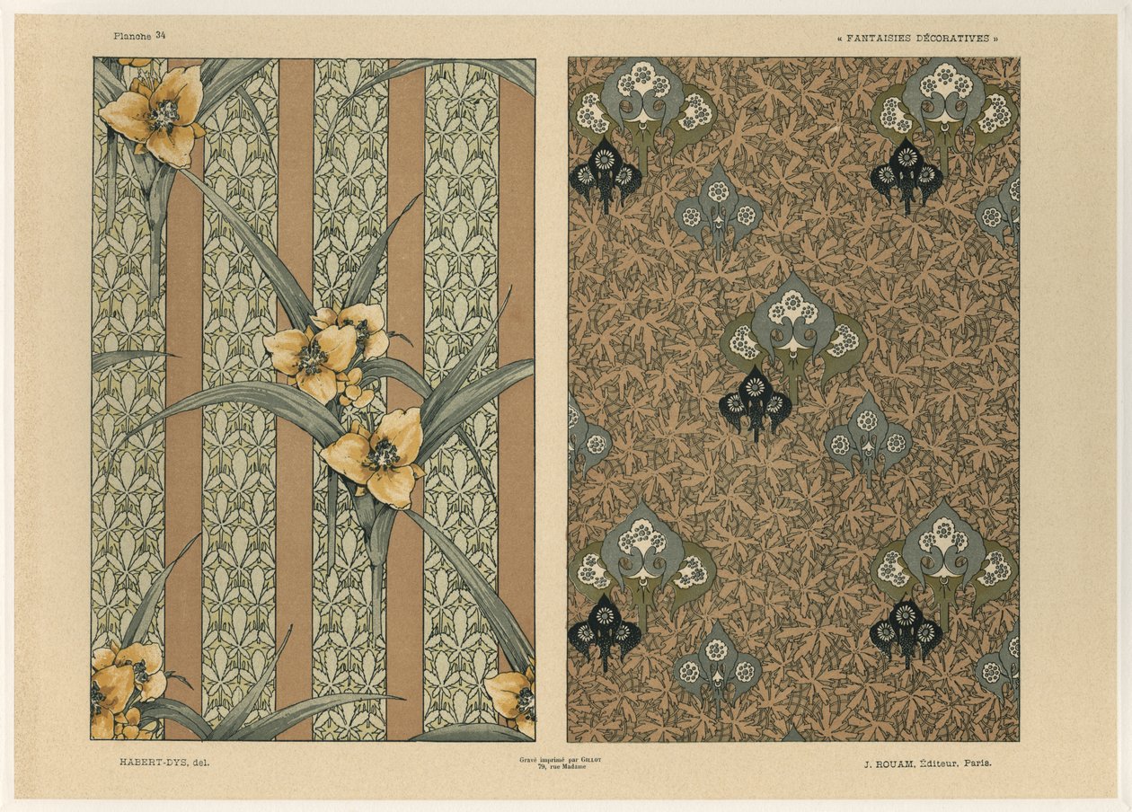 Blomster, plate 34 fra 'Fantaisies decoratives', gravert av Gillot, utgitt av Jules Rouam, Librairie de l'Art, Paris, 1887 (fargegravering) av Jules Auguste Habert Dys