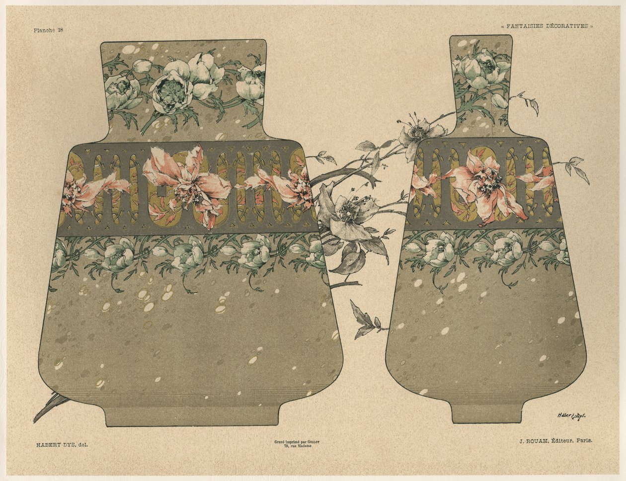 Vaser, plate 28 fra 'Fantaisies decoratives', gravert av Gillot, utgitt av Jules Rouam, Librairie de l'Art, Paris, 1887 (fargegravering) av Jules Auguste Habert Dys