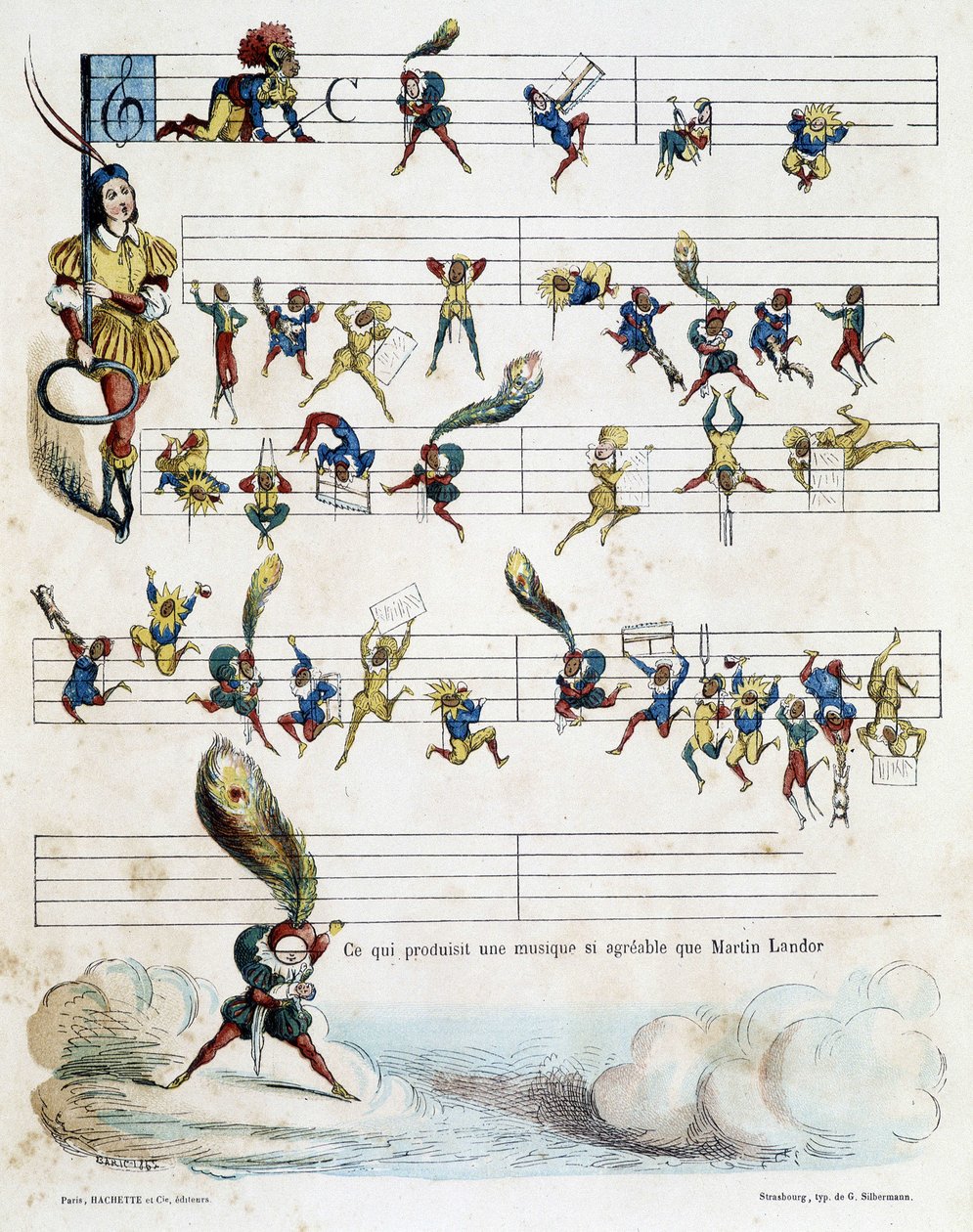Noter av musikk på et partitur, tegning av Baric fra 1862 for å illustrere Kroknotskis barnebok som forteller historien om Martin Landor. av Jules Baric