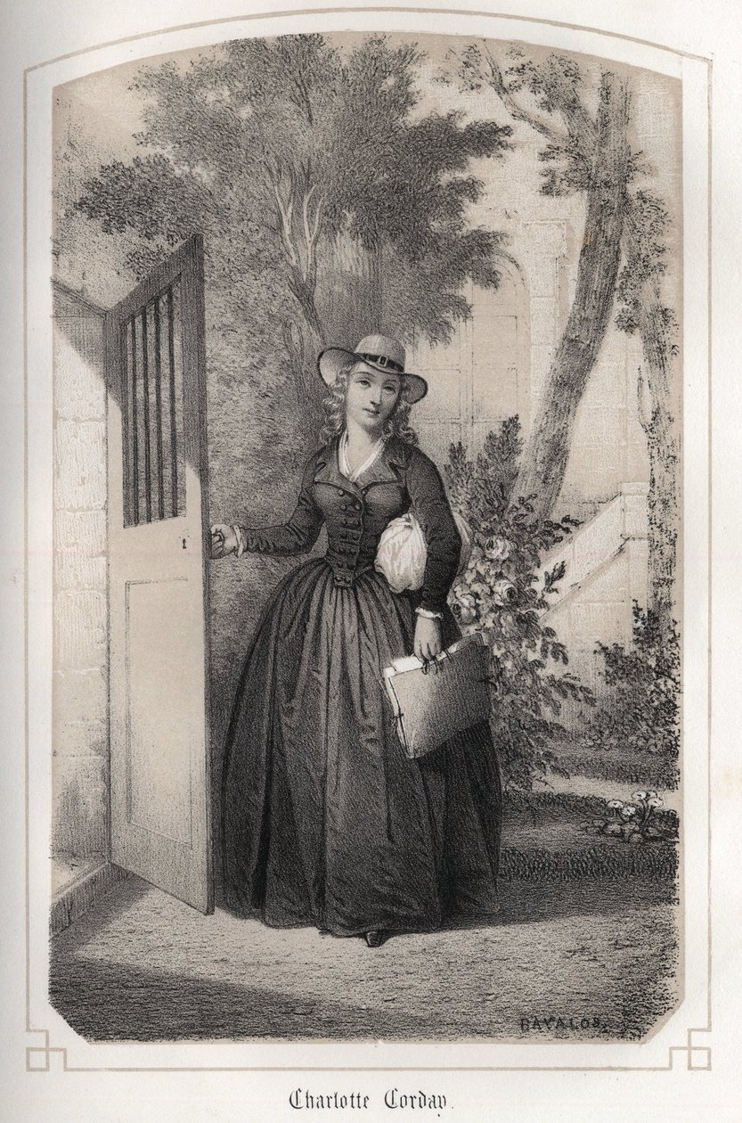 Portrett av Charlotte Corday (1768 - 1793). i ""The illustrious women of France"" av grevinne DROHOJOWSKA. ILLUSTER AV DRUTS AV MM JULES OG BAYALOS. rundt 1850. av Jules and Bayalos Aime de David