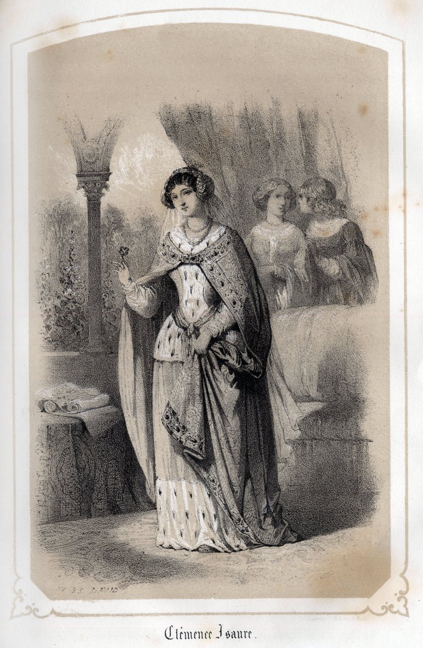 Portrett av Clemence Isaure, Toulouse-dame som ville ha levd på 1300-tallet. i «Les femmes illustres de la France»» av grevinne DROHOJOWSKA. Illustrert av tegninger av MM JULES OG BAYALOS. rundt 1850. av Jules and Bayalos Aime de David