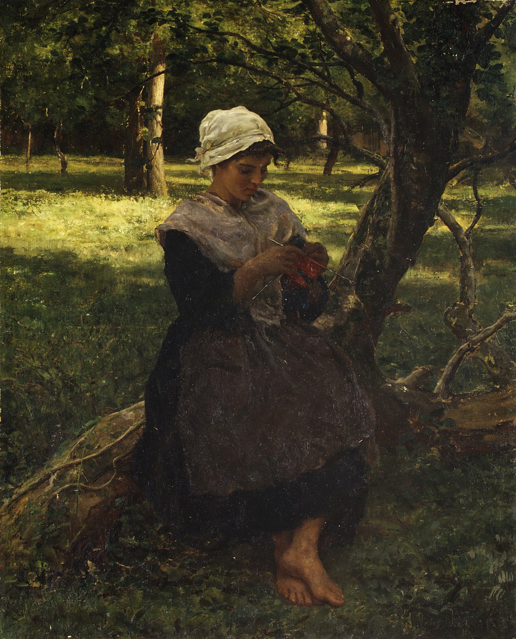 En bondepike som strikker, ca. 1870. av Jules Breton
