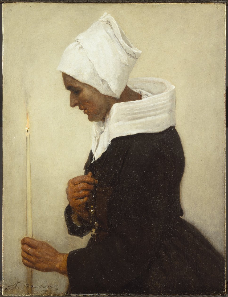 Bretonsk bondekvinne som holder en taper, ca. 1869 av Jules Breton