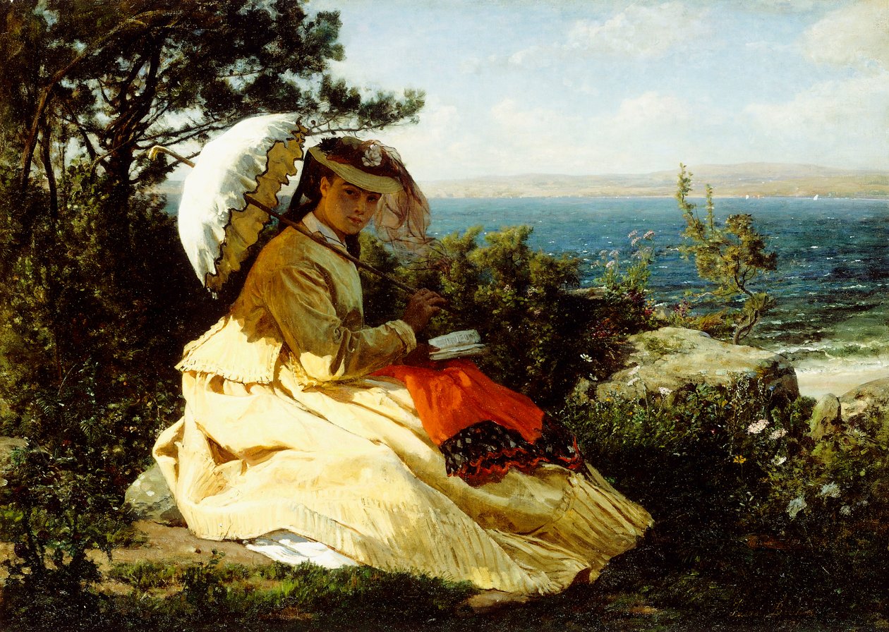 Kvinnen med parasollen; Douarnenez-bukten, 1871 av Jules Breton