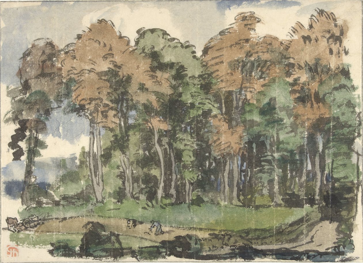 Vei i skogkant, med bønder i arbeid av Jules Chadel