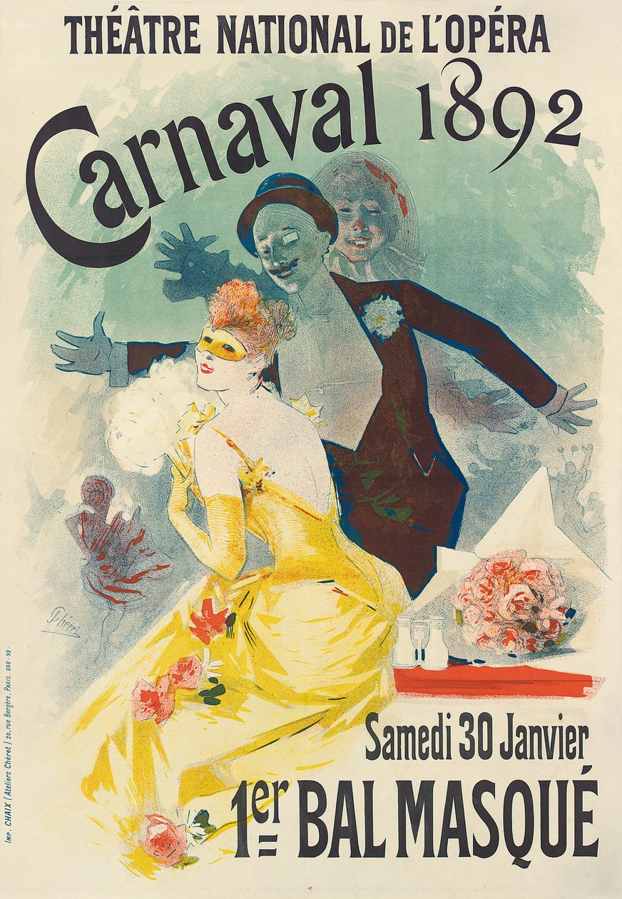 Annonse for det første karnavalets maskeball ved Theatre National de l"Opera, i 1892, 1892 av Jules Cheret