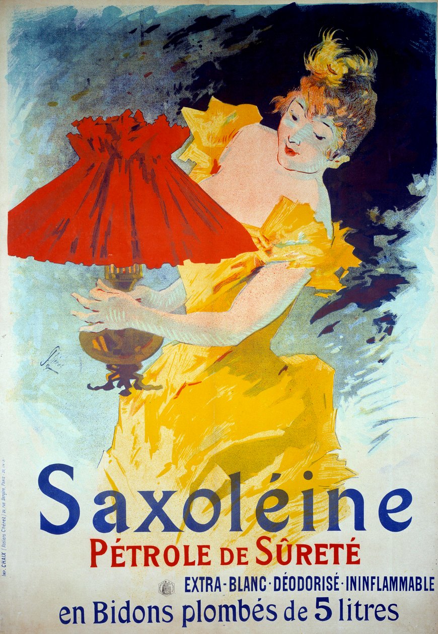 Reklameplakat for produktet «Saxoleine Petrole de surete»»: En kvinne legger olje i en lampe. Plakatreklame 