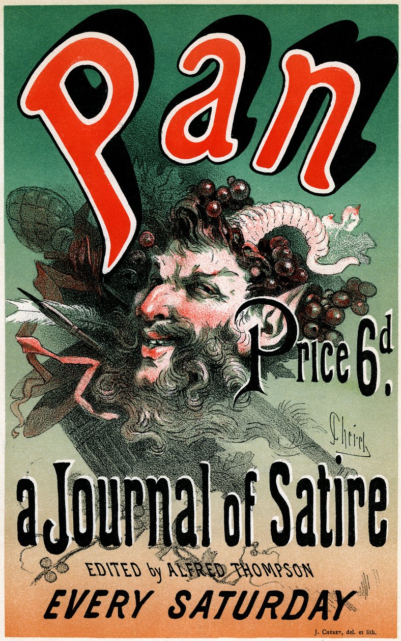 Plakat (1884) for den satiriske avisen ""Pan"", redigert av Alfred Thompson - Illustrasjon av Jules Cheret (1836-1932) - Utdrag fra ""Les maîtres de l