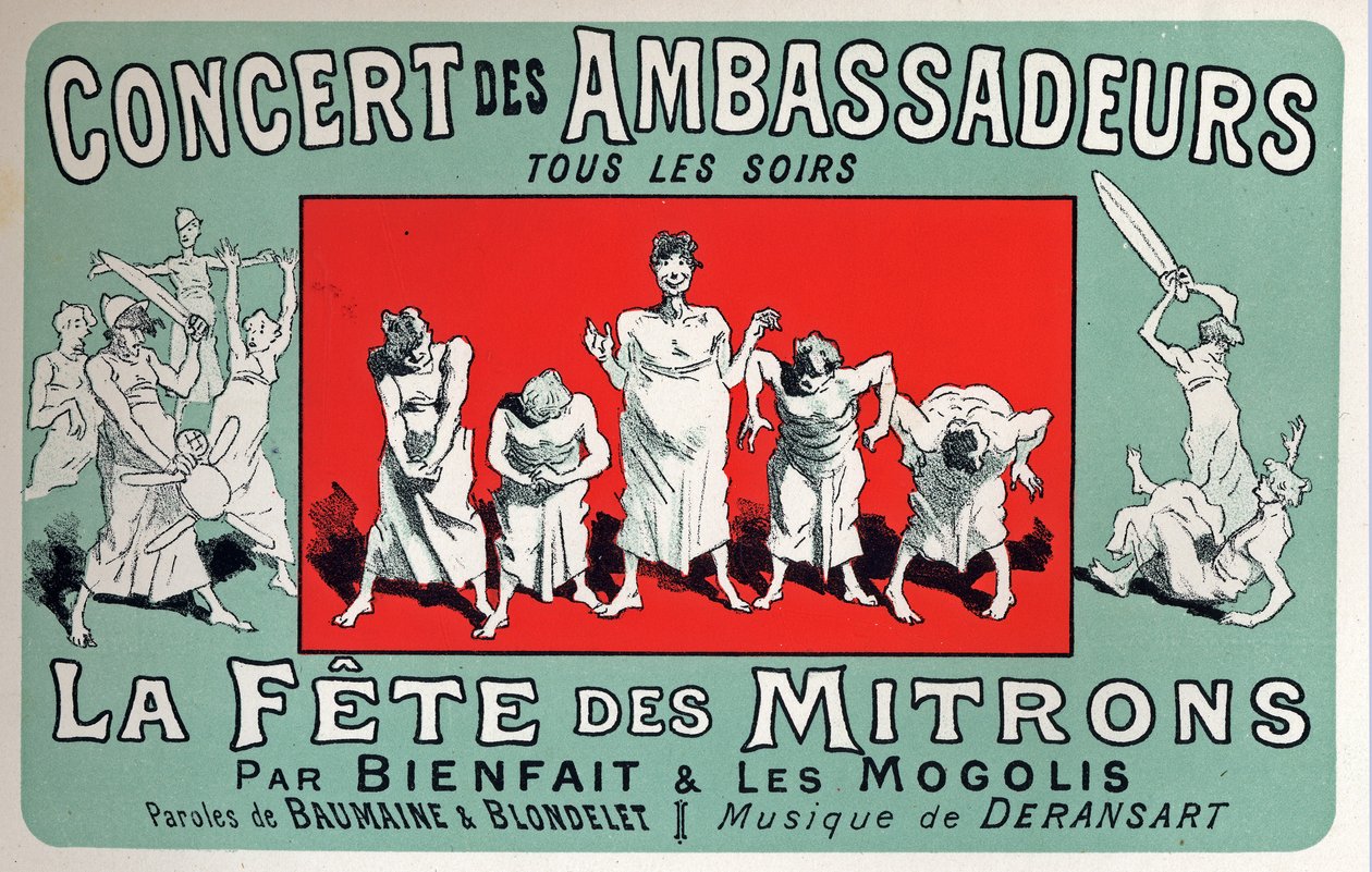 Kunst. Underholdning. Bakers guttefest på Cabaret: Concert des Ambassadeurs, Paris. Plakat av Jules Cheret, Frankrike, ca. 1880 (plakat) av Jules Cheret