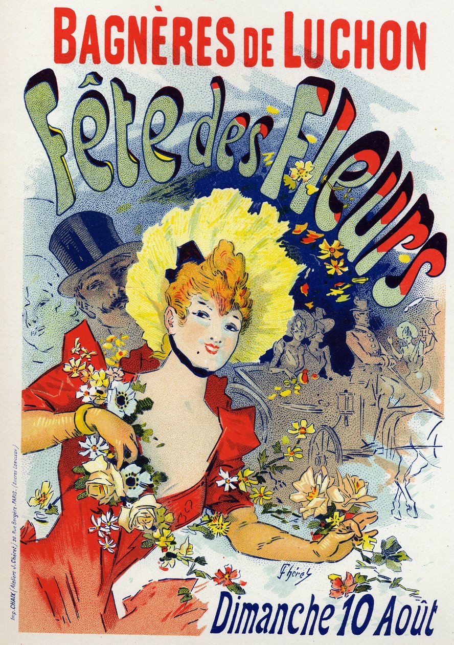 Kunst. Underholdning. Blomsterfest på Bagneres de Luchon. Plakat av Jules Cheret, Frankrike, ca. 1895 (plakat) av Jules Cheret