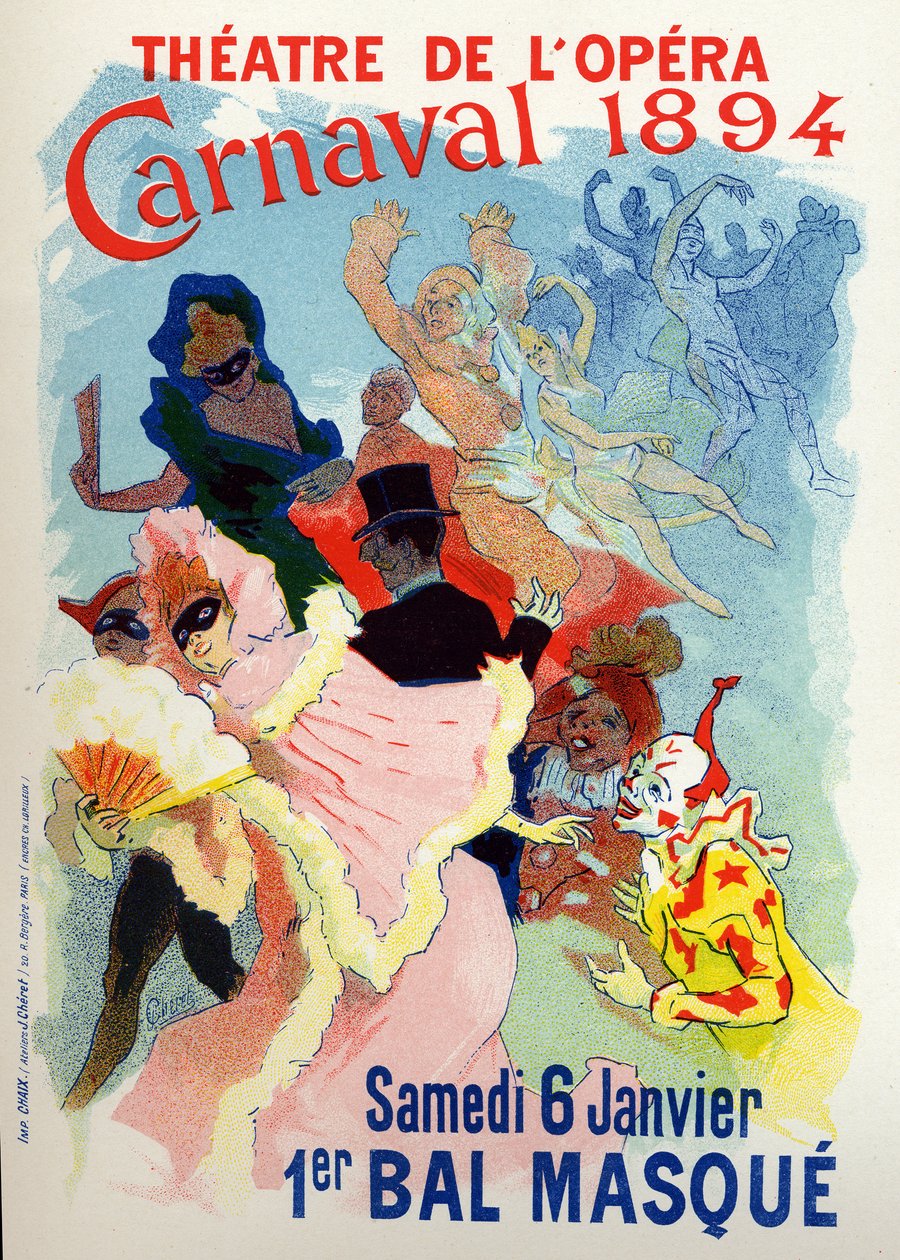 Kunst. Underholdning. Maskeradeball i Operaen i Paris for karnevalet. Plakat av Jules Cheret, Frankrike av Jules Cheret