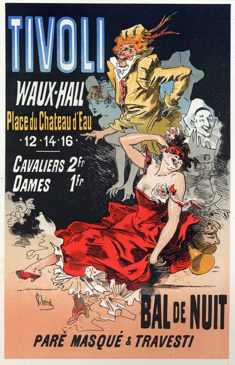 Kunst. Underholdning. Maskeradeball i Tivoli Waux Hall, Paris. Plakat av Jules Cheret, Frankrike, ca. 1870 (plakat) av Jules Cheret