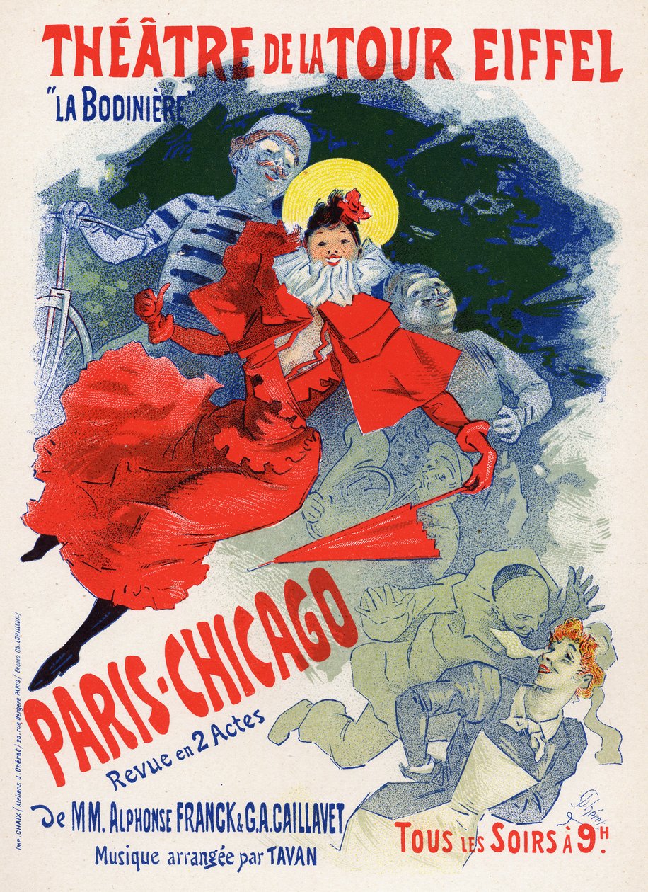 Kunst. Underholdning. Paris Chicago, varieté på Theatre de la Tour Eiffel. Plakat av Jules Cheret, Frankrike, ca. 1890 (plakat) av Jules Cheret