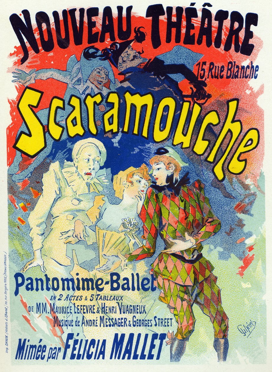 Kunst. Underholdning. Scaramouche, ballett av Felicia Mallet. Plakat av Jules Cheret, Frankrike, ca. 1895 (plakat) av Jules Cheret